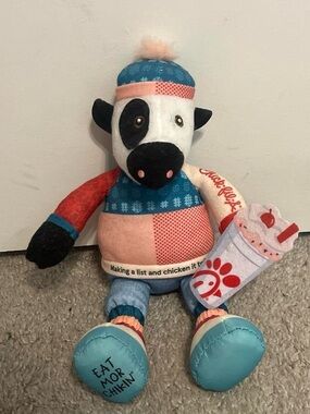 Chick-fil-A Plush Cow in Blue & Pink Winter Outfit
